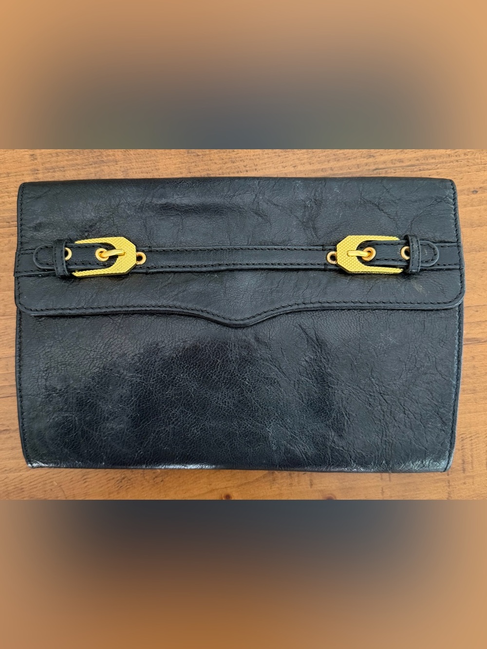 Rebecca Minkoff Black Leather Clutch with removable change purse - Gold Hardware